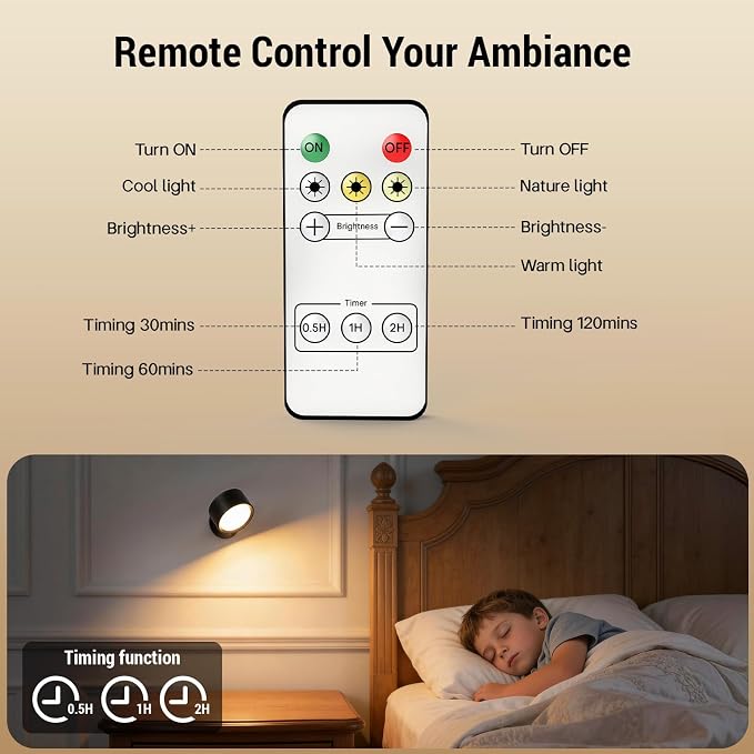 Rechargeable Wall Sconces, Renter-Friendly Peel & Stick (2PCS) | Long 160H Battery, 3 Color Temps, 4 Bright, Touch/Remote, 360° Rotate, for Bedroom, Living Room, Hallway, Reading (Black)