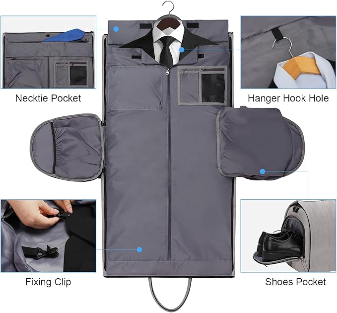 Modoker Convertible Garment Bag with Shoulder Strap, Carry on Garment Duffel Bag for Men Women - 2 in 1 Hanging Suitcase Suit Travel Bags, Light Grey