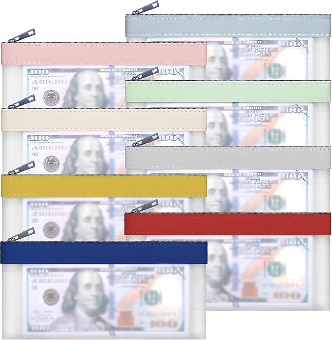 8 Pieces Money Bags With Zipper, Cash Envelopes,7.6 x 3.7 inch Money Pouch, Clear Bank Deposit Bags, Bank Bag, Cash Bag, Coin Bag for Collectors, Multi-Purpose Check Wallet （8 colours）