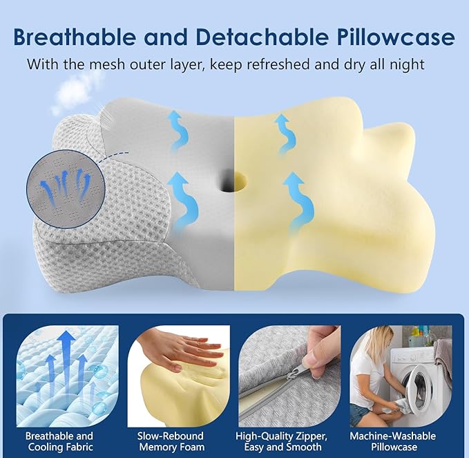 Cervical Neck Pillow Side Sleeper Pillow Ergonomic Memory Foam Contour Pillow for Pillow for Neck Pain Relief, Cooling Breathable Certified Cervical Pillow for Back and Stomach Sleeping(Gray)