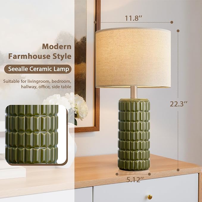 Seealle 23" Modern Ceramic Table Lamps Set of 2, Lamps for Bedroom, Green | Lamps for Living Room, Bedroom, Bedside, Night Stands, End Table, Desk, Farmhouse Home Decor