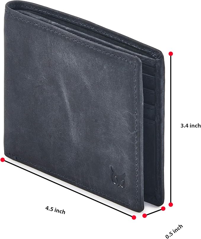 Real Leather Mens Bifold Wallet RFID Blocking Slim Minimalist Front Pocket - Thin & Stylish with ID Window in Gift Box (Crazy Horse, Navy)