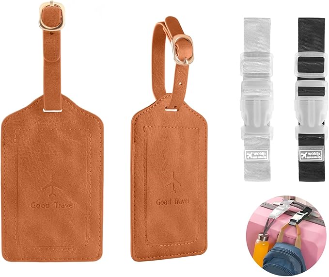 1 Pack Luggage Tag, PU Leather Suitcase Tags Identifiers Privacy Cover ID Label for Travel Bag Suitcase with 2 Pack Luggage Straps for Hats, Bags and Travel Accessories(L-Brown)