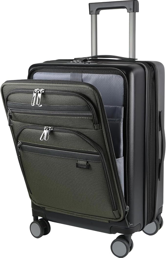 KROSER Hardside Expandable Carry On Luggage 22x14x9 Airline Approved With Front Business Pockets, 20 Inch Suitcases with Wheels, Carry on Suitcase with TSA Lock & USB Port, Black-Army Green