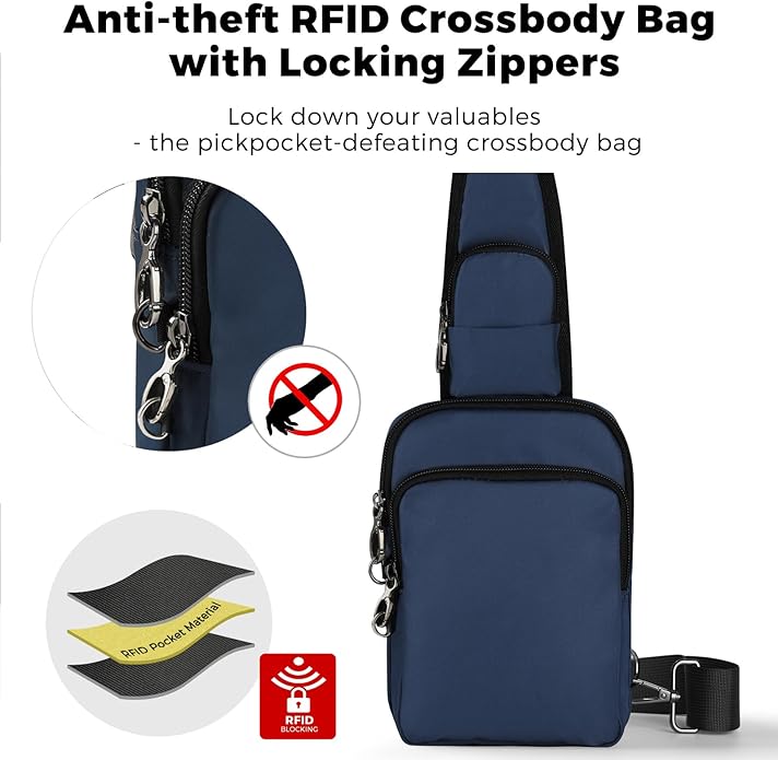 VADOO Sling Bag, Crossbody Bag with Zipper Lock, RFID Blocking & Water Resistant for Men and Women