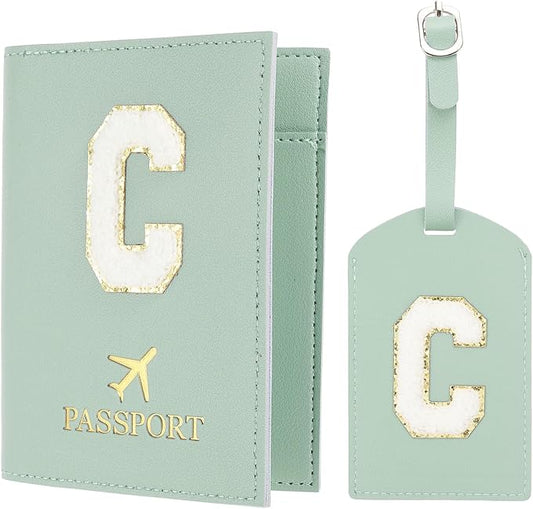 PATIKIL Passport Holder for Travel, Initial Passport Cover and Luggage Tag Set with Alphabet Chenille Letter Patch Travel Wallet Bag Suitcase Identifier for Women Family Travel Green C