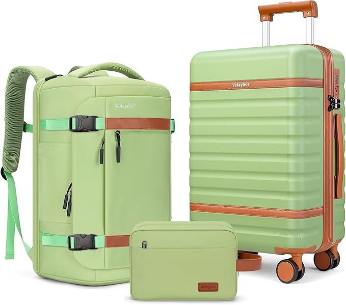 Luggage Sets 3 Piece with Spinner Wheels, Lightweight PC Hardside Suitcase with TSA Lock & YKK Zippers, 20 Inch Carry On Luggage with Travel Bag for Men and Women, Avocado Green