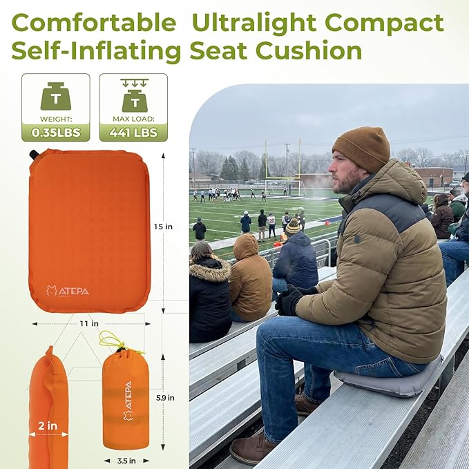 ATEPA Inflatable Seat Cushion, Self-Inflating Portable Stadium Airplane Travel Foam Cushion Pad for Camping, Sports Events, Outdoor