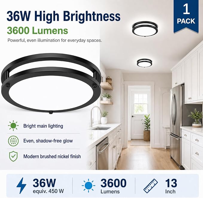 13Inch 36W Modern LED Ceiling Light Fixtures, 1-Pack Black Dimmable Flush Mount Ceiling Lights 3600lm, 2700K/3000K/4000K/5000K/6500K Adjustable Round led Lamps for Bathroom Bedroom Hallway Kitchen