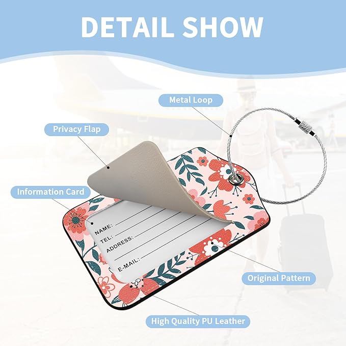 2 Pcs Luggage Tag for Suitcases, Floral Flowers Cute PU Leather Suitcase Tag Privacy Cover ID Label with Metal Loop, Personalized Baggage Identifier for Women Cruise Bag Travel Essentials