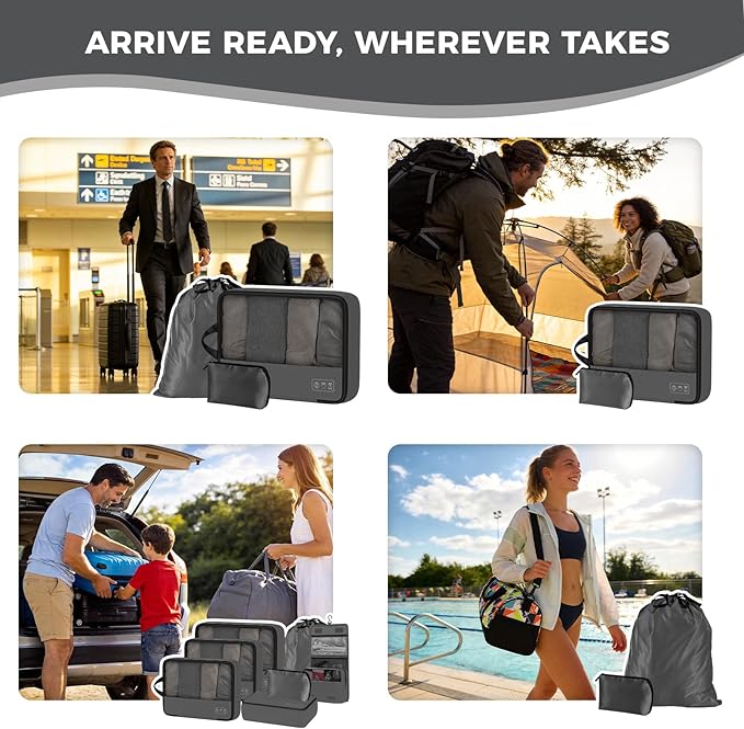 8-Piece Compression Packing Cubes for Travel, Ultralight Luggage Organizer Set with Double Zipper, Space Saving for Suitcase & Carry-On, Ideal for Business Trip Weekend Getaway - Gray