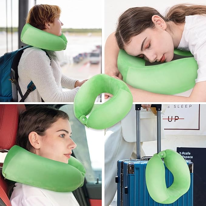 Travel Neck Pillow for Sleeping Soft Memory Foam Pillows Lightweight Breathable Airplane Pillow Support Head and Chin Perfect for Camping Train Car Office Rest Green