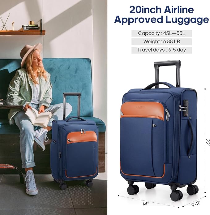 UKEIN Softside Expandable Carry On Luggage 22x14x9 Airline Approved, 20 Inch Suitcase with Wheels & TSA Lock, Travel Suitcase with 4-Piece Packing Bags for Women Men