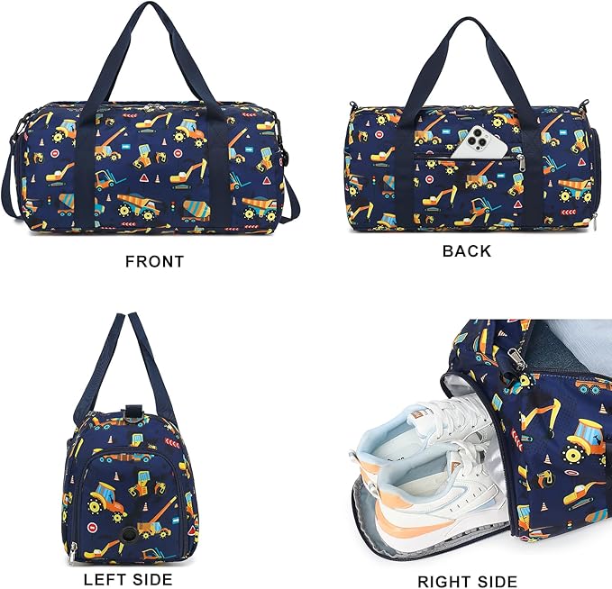 BTOOP Kids Overnight Bag for Boys Small Truck Sports Gym Duffle Bags With Shoe Compartment Toddler Weekender Sleepover Tote for Travel
