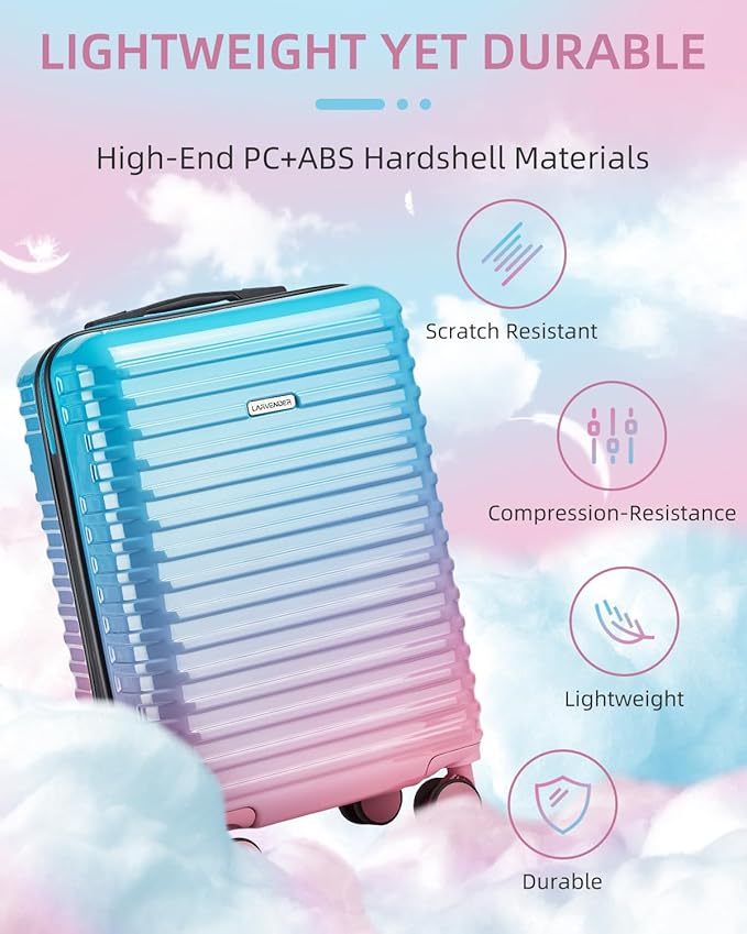 LARVENDER Carry on Luggage 22x14x9 Airline Approved, Expandable 20 Inch Hardside Suitcase with Wheels TSA Lock, PC+ABS Lightweight Carry on Suitcases for Women, Cotton Candy (20/DB/TB)