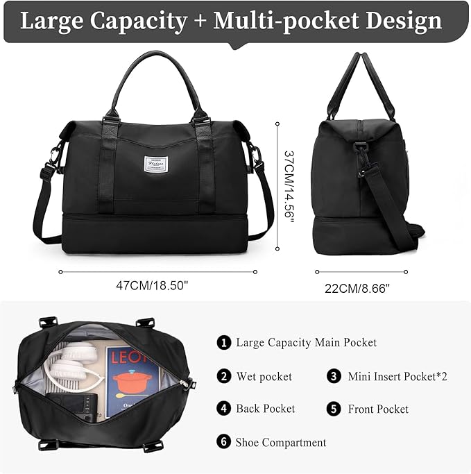 Weekender Bags for Women,Personal Item Travel Bag with Shoes Compartment,Overnight Travel Duffel Bag with Black GrayToiletry Bag