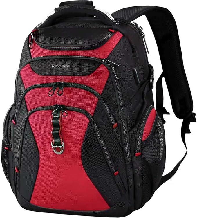 KROSER Travel Laptop Backpack 17.3 Inch XL Computer Backpack with Hard Shell Saferoom RFID Pockets Water-Repellent Business College Daypack Stylish Bag for Men/Women-Black Red