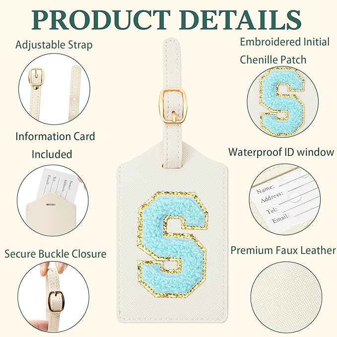 Embroidered Luggage Tag – Initial Bag Tag for Suitcase, Backpack, Carry-On, Duffel – Faux Leather Travel Accessory, Name Identifier, ID Label for Travel Bags (S, White Leather+Blue Letter)