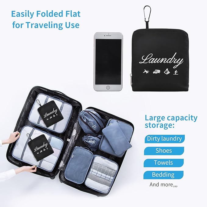 JHX Travel Laundry Bag, Dirty Clothes Organizer【Upgraded】with Handles and Aluminum Carabiner, Collapsible Laundry Bag for Travel, Camp, Fitness, and Students（1Pcs Black） 24"L x 21"W