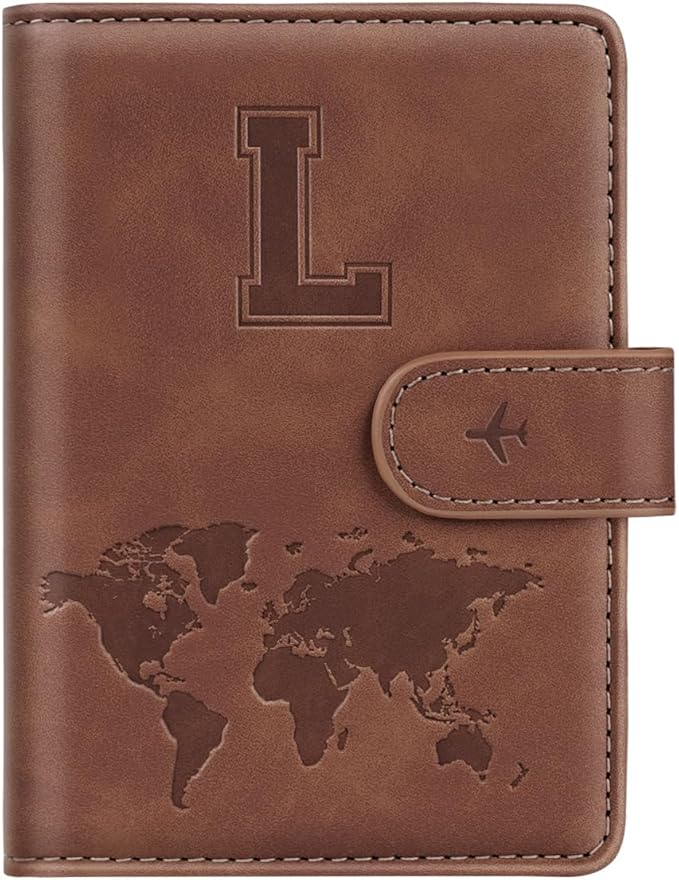 Passport Holder Wallet Cover Personalized Letter A-Z Travel Wallet RFID Blocking Passport Cover Wallet Case for Travel Passport Book Holders for Women and Men, Brown-L