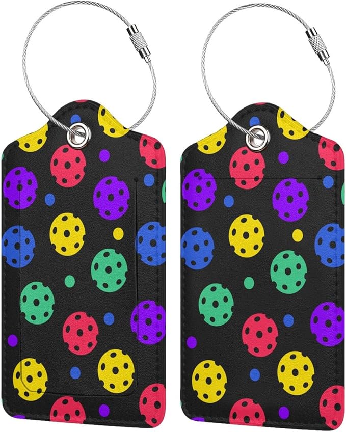 Pickleball Luggage Tags Set of 2 Leather Stainless Steel Loop Label Tag for Travel Bag Suitcase