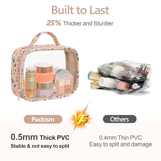 PACKISM Stylish TSA Approved Toiletry Bag Set, Floral, Clear Makeup Bag with Handle, 1 TSA Medium & 1 Large for Travel, Gift for Women, Nude Pink Ditsy Floral