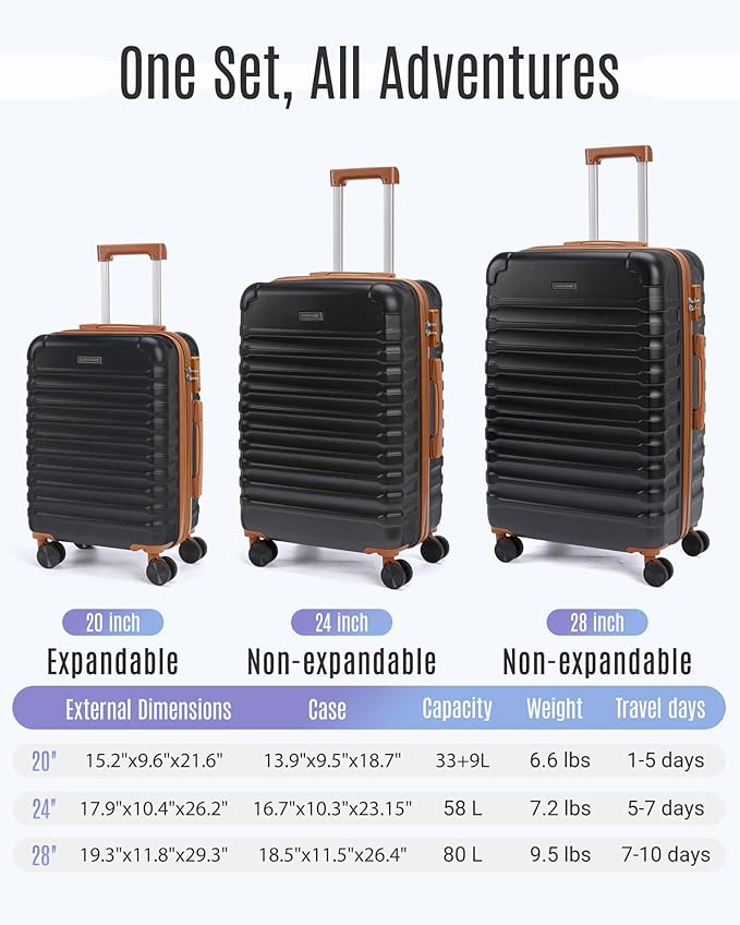 LIGHT FLIGHT Luggage Sets, 3 Piece Durable Suitcase Set with Spinner Wheels, 3 Pcs Hardside Lightweight luggage with TSA Lock, Large Checked Travel Suitcases, 20/24/28 Inch,Black/Brown
