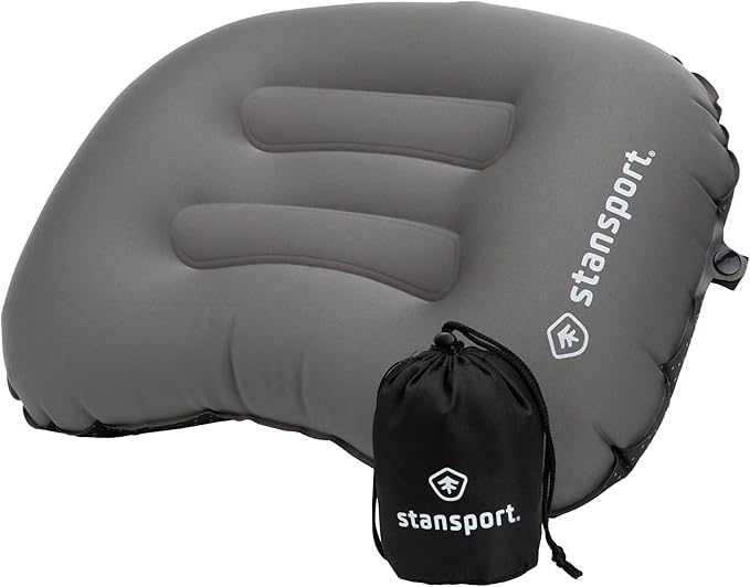 Stansport Lightweight Inflatable Camping Pillow – Ergonomic Ultralight Backpacking Pillow with Stay-Put Sleeping Pad Strap and Anti-Slip Grip – Compact Travel & Hiking Gear with Carry Bag