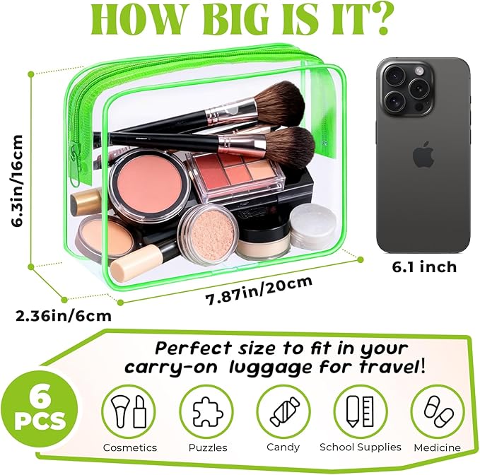 6 Pieces Clear Makeup Bags Bulk TSA Approved Toiletry Bag for Travel PVC Waterproof Clear Cosmetic Pouch with Zipper for Men and Women Carry-on Travel Essentials (Green)