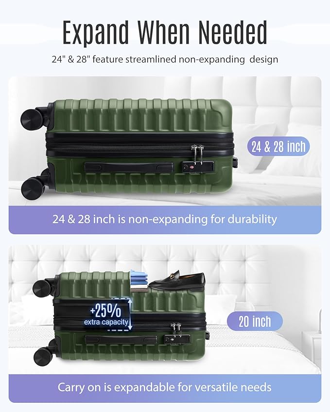 LIGHT FLIGHT Luggage Sets, 3 Piece Durable Suitcase Set with Spinner Wheels, 3 Pcs Hardside Lightweight luggage with TSA Lock, Large Checked Travel Suitcases, 20/24/28 Inch, Pine Green