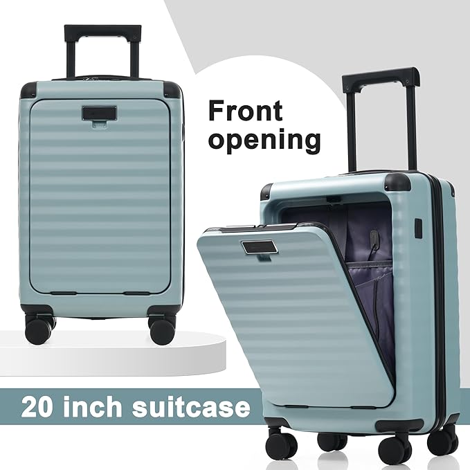 Merax Luggage Sets Front Opening, 3 Piece Hardshell Suitcase with Spinner Wheels and Bags,Lightweight Carry on Luggage with USB Port and Cup Holder,20+24+28,Light Blue