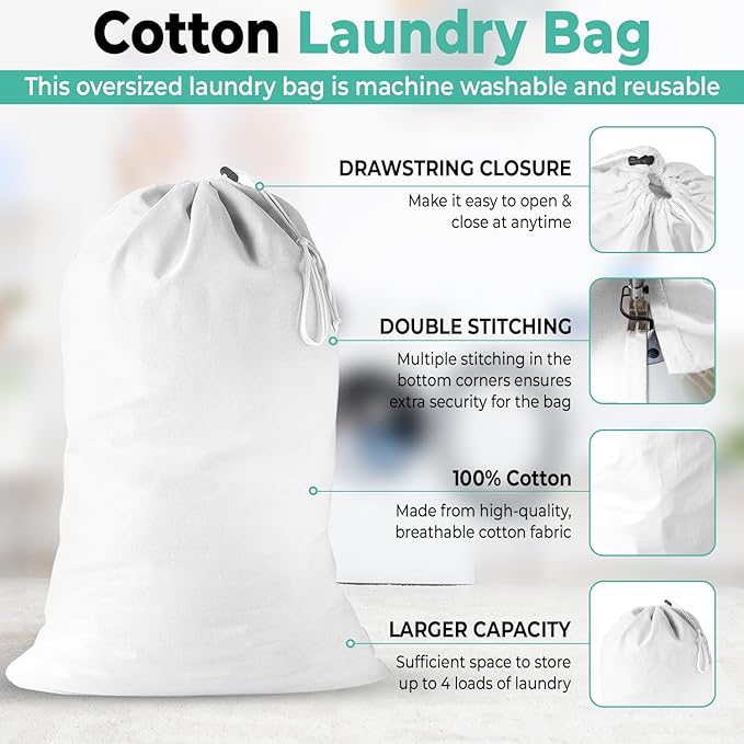 2 Pack - Cotton Laundry Bag, Heavy Duty Large Laundry Bags 24 x 36 inch Drawstring Travel Organizer Bag Fit Hamper Basket Camp (WHITE, Pack of 2)