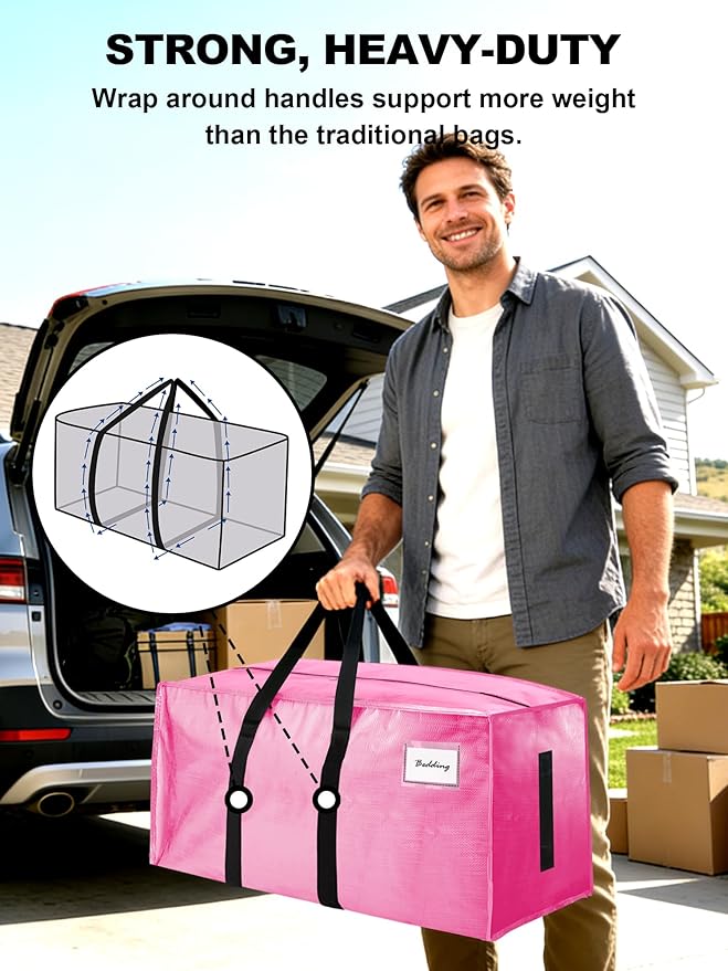 8 Pack Large Strong Moving Bags with Zippers & Carrying Handles - Water-Resistant - Heavy Duty Storage Tote for Space Saving, Fold Flat, Alternative to Moving Box (Pink)