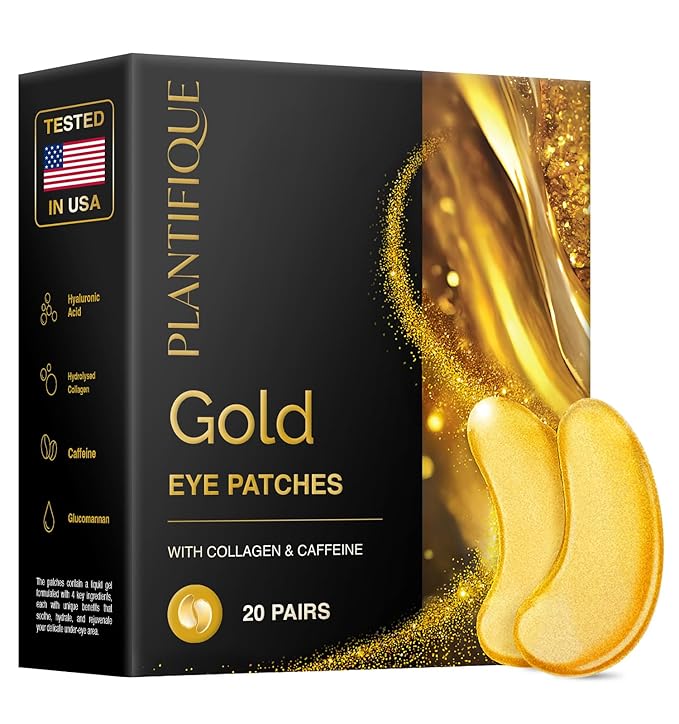 PLANTIFIQUE 24K Gold Under Eye Patches 20 Pairs - Dermatologist Tested - Hydrating Collagen Eye Masks with Hyaluronic Acid for Dark Circles & Puffiness