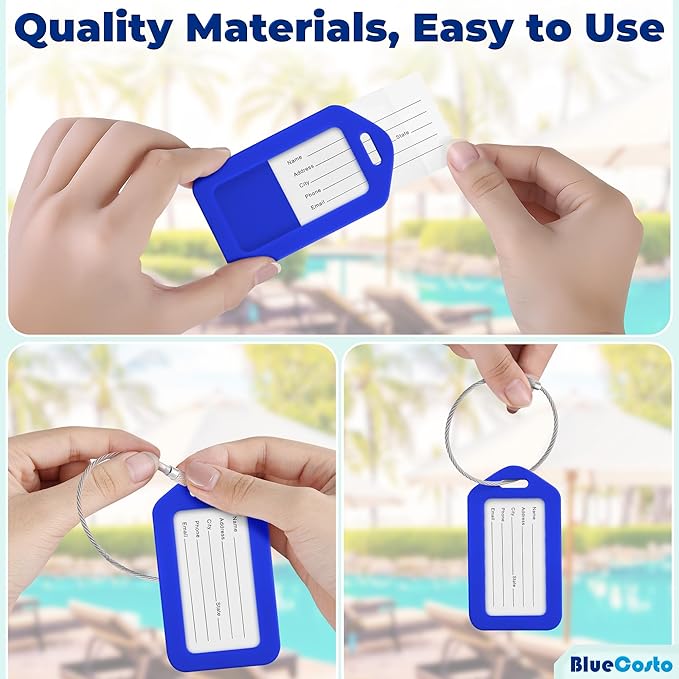 BlueCosto - Luggage Tags - Blue, 10 Pack - Suitcase Tags with Name ID Card & Heavy-Duty Metal Wire Loops - Bright Colored PVC Identifiers for Travel Baggage - Backpack Name Labels