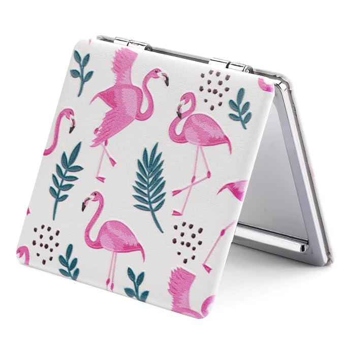 OMIRO 1X/3X Magnifying Mirror, Unique Painting Compact Mirror with Classical PU Leather (Pink Flamingos)