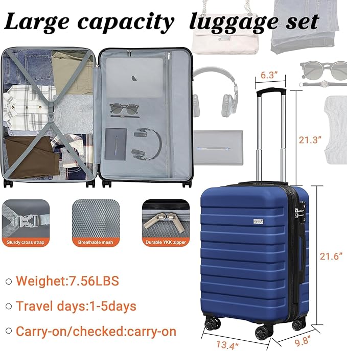 Zebra 20" Expandable Carry-On, Lightweight Hardshell Suitcase with Spinner Wheels, Navy Blue
