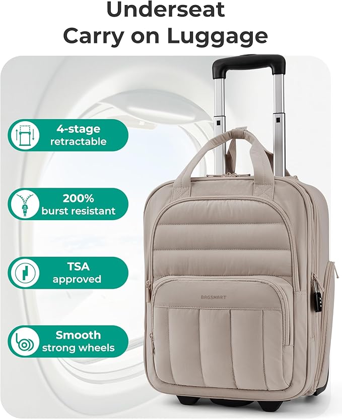 BAGSMART Small Underseat Carry on Luggage with Wheels, 16 inch Small Under Seat Luggage, Lightweight Travel Suitcase for Women, Brown