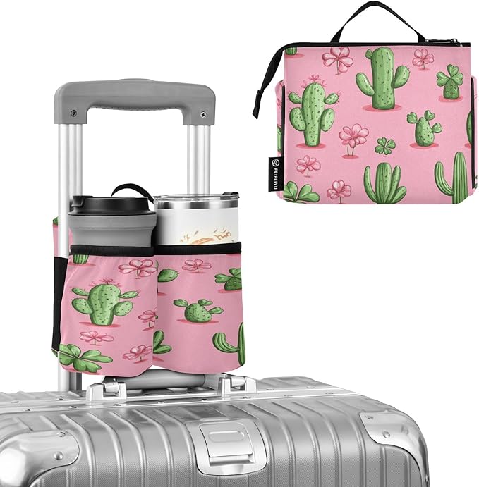 Pink Cacti Shamrock and Clovers Luggage Cup Holder Travel Portable Free Hand Drink Carrier Suitcase Drinks Beverage Holder Carry-On Bottle Mug Holder Organizer Bag Travelers Accessories
