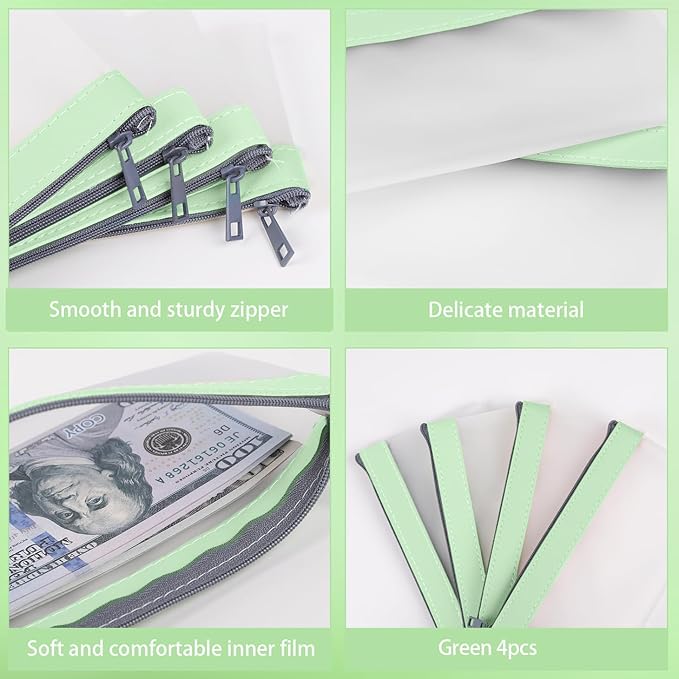 4 Pieces Money Bags With Zipper, Cash Envelopes,7.6 x 3.7 inch Money Pouch, Clear Bank Deposit Bags, Bank Bag, Cash Bag, Money Pouch for Collectors, Multi-Purpose Check Wallet （Green）