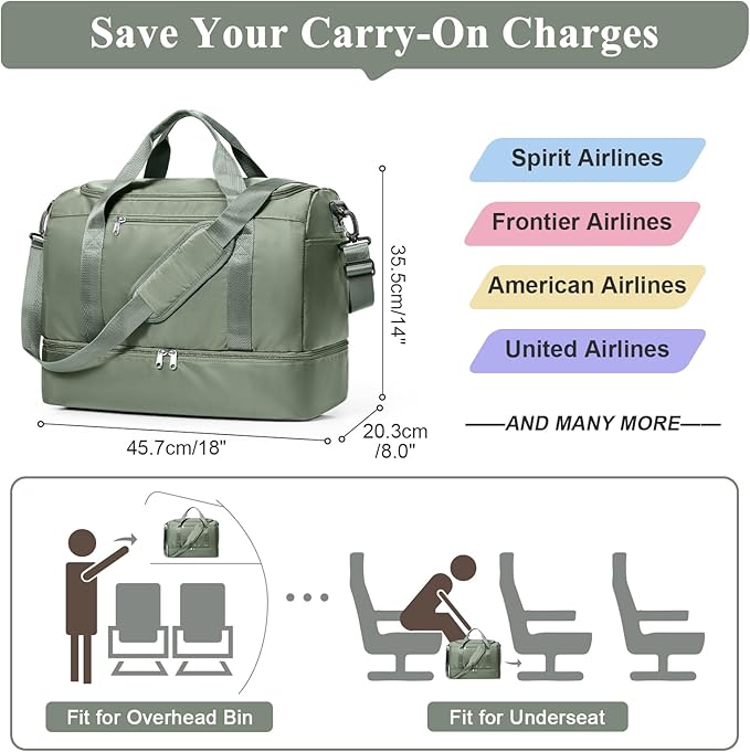 Travel Duffel Bag for Women, Carry-on Overnight Weekender Bags with Wet Pocket, For Spirit Airlines 18x14x8 Personal Item Bag,Small,Olive Green