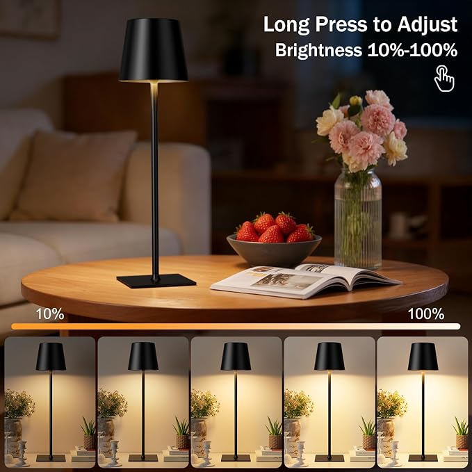 Kakanuo Black Cordless Rechargeable Table Lamp, 2 Pack Portable Desk Lamp with 5000mAh Battery, Touch Control Stepless Dimming, Wireless Night Light for Dining, Outdoor Camping, Coffee Shop