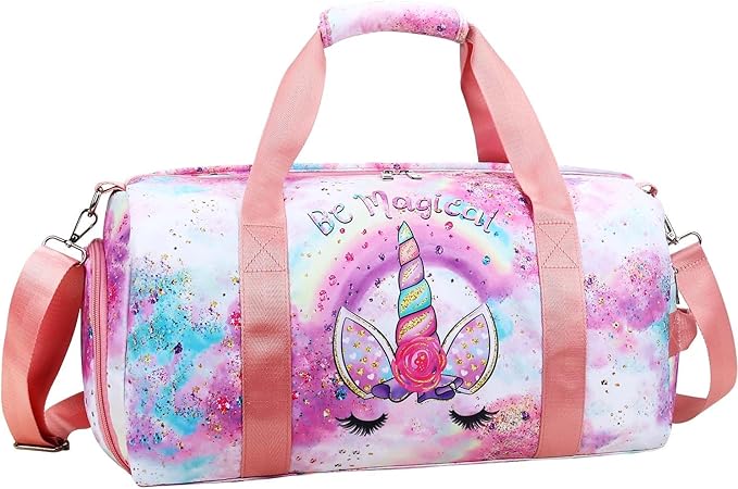 Gym Travel Duffle Bag for Girls - Gymnastics Sports Dance Bag with Shoe Compartment & Wet Pocket Unicorn Kids Travel Bag Teens Weekender Sleepover Carry On Bag