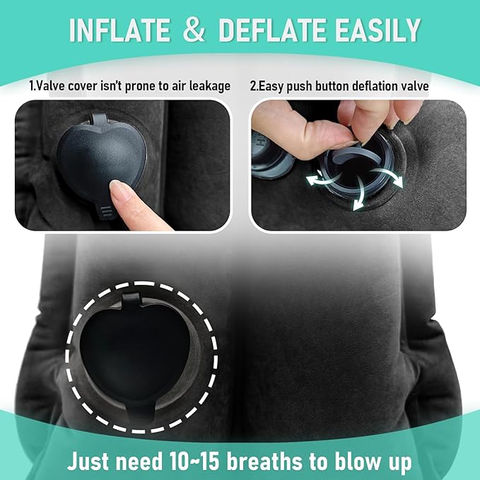 Inflatable Travel Pillow for Airplanes, Airplane Pillow for Long Flight Comfortably Supports, Used for Planes, Trains, Cars, Includes Storage Bag, Eye Mask & Earplugs (Black)