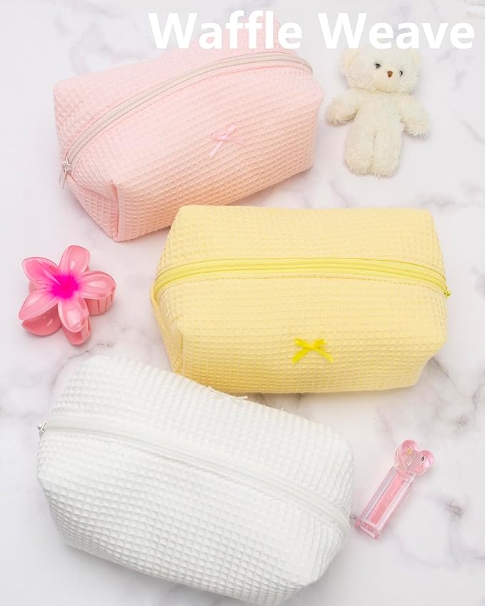 PAZIMIIK 2PCS Cozy Makeup Bag Travel Cosmetic Bag for Women Soft Toiletry Bag Aesthetic Makeup Organizer Portable Large Zipper Pouch for Skincare Beauty Accessories Brushes Waffle Check Yellow