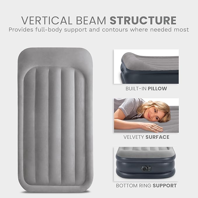 Intex 64131ED Dura-Beam Plus Deluxe Pillow: Fiber-Tech – Twin Size – Built-in Electric Pump – 16.5in Bed Height – 300lb Weight Capacity