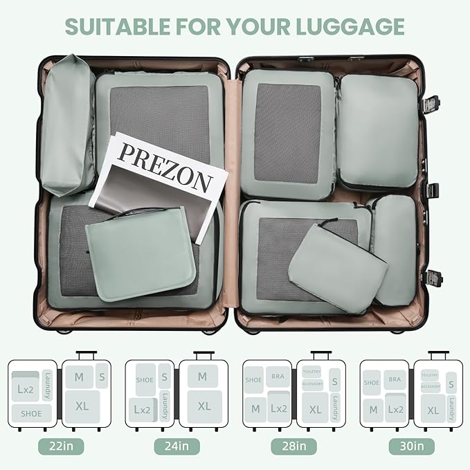 Mesh Packing Cubes for Travel, Durable Luggage Organizer with Sturdy Material and Double Zippers, Comprehensive Set for Travel Accessories Storage, 10 set, mint