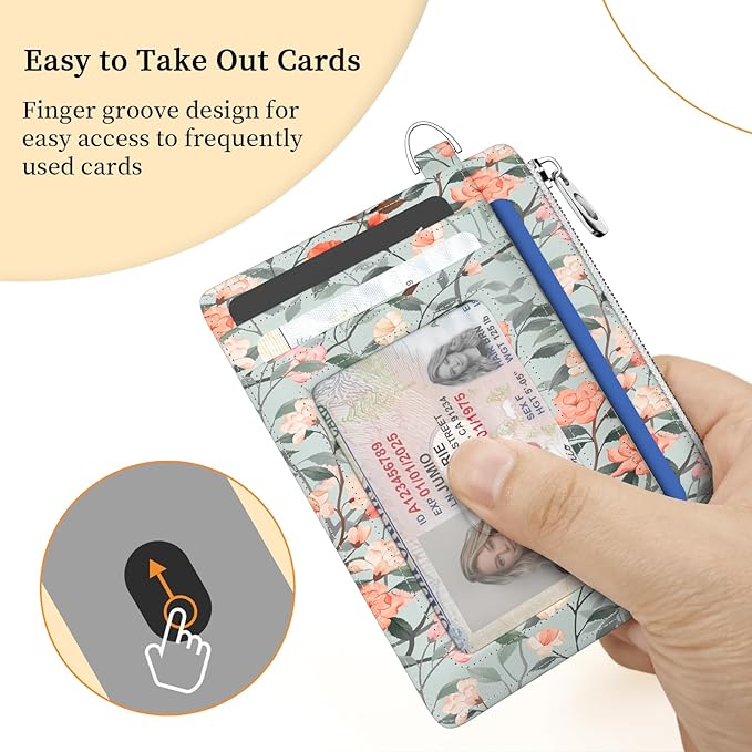 Hancynir Slim Wallet Women Credit Card Holder Floral Flower RFID Blocking Small Cute Card Wallets Mini Front Pocket PU Leather Card Case Thin Travel Zipper Coin Cash Ladies Female Wallet Gifts