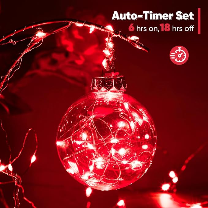 Ariceleo 2 Pack 32.8 Ft. Battery Operated Outdoor String Lights with Remote & Timer, LED Red Fairy Lights, Waterproof Twinkle Lights for Bedroom, Dorm, Mason Jar, Wedding, Party, Christmas