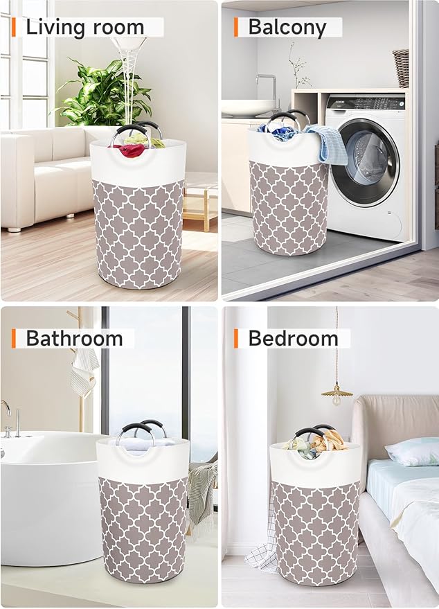 Large Laundry Basket Laundry Hamper Bag Washing Bin Clothes Bag Collapsible Tall With Handles Waterproof Travel Bathroom College Essentials Storage For College Dorm, Family (Khaki)75L